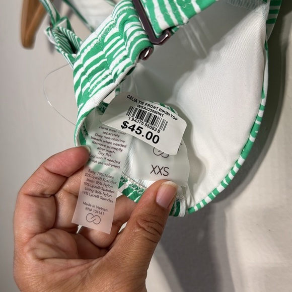 NWT CALIA Tie Front Bikini Swim Top Green Palm Stripe Tropical Print XXS Resort - Picture 8 of 8
